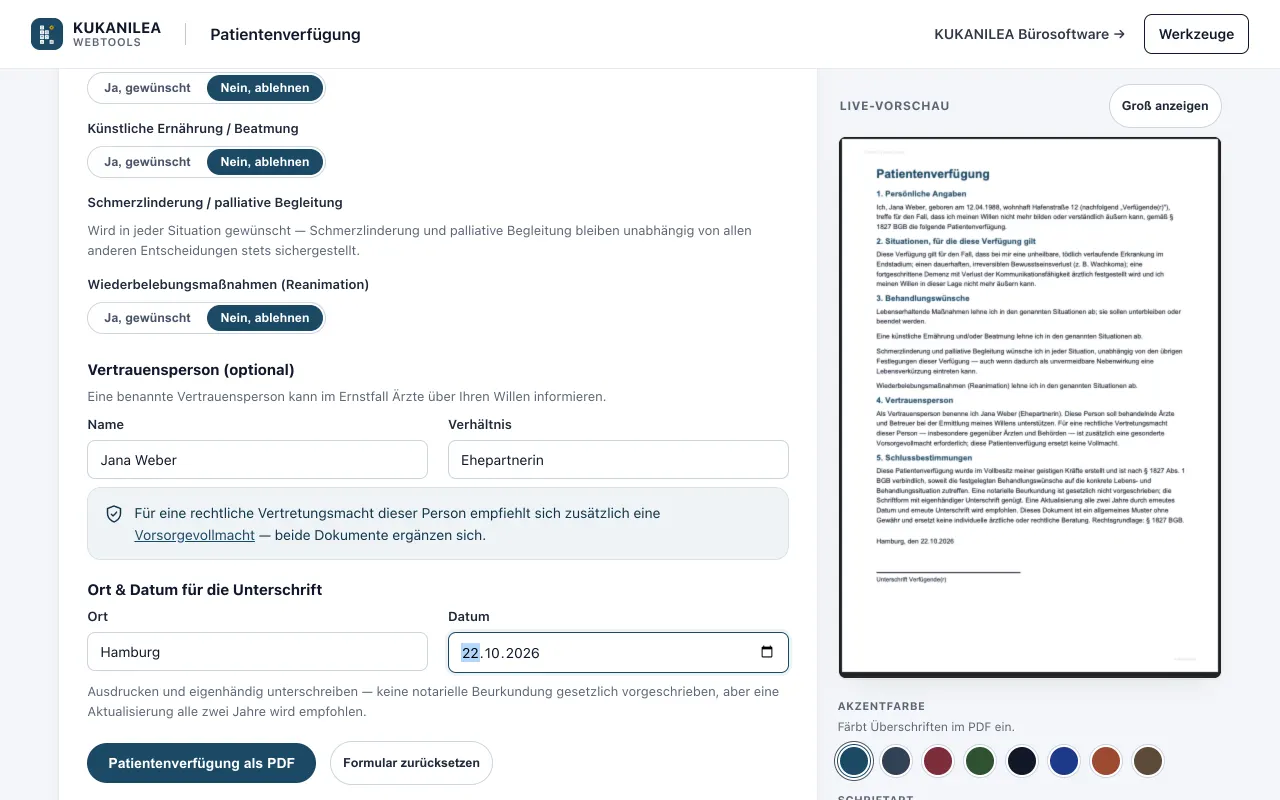 Anwendungsansicht von Patientenverfügung-Generator