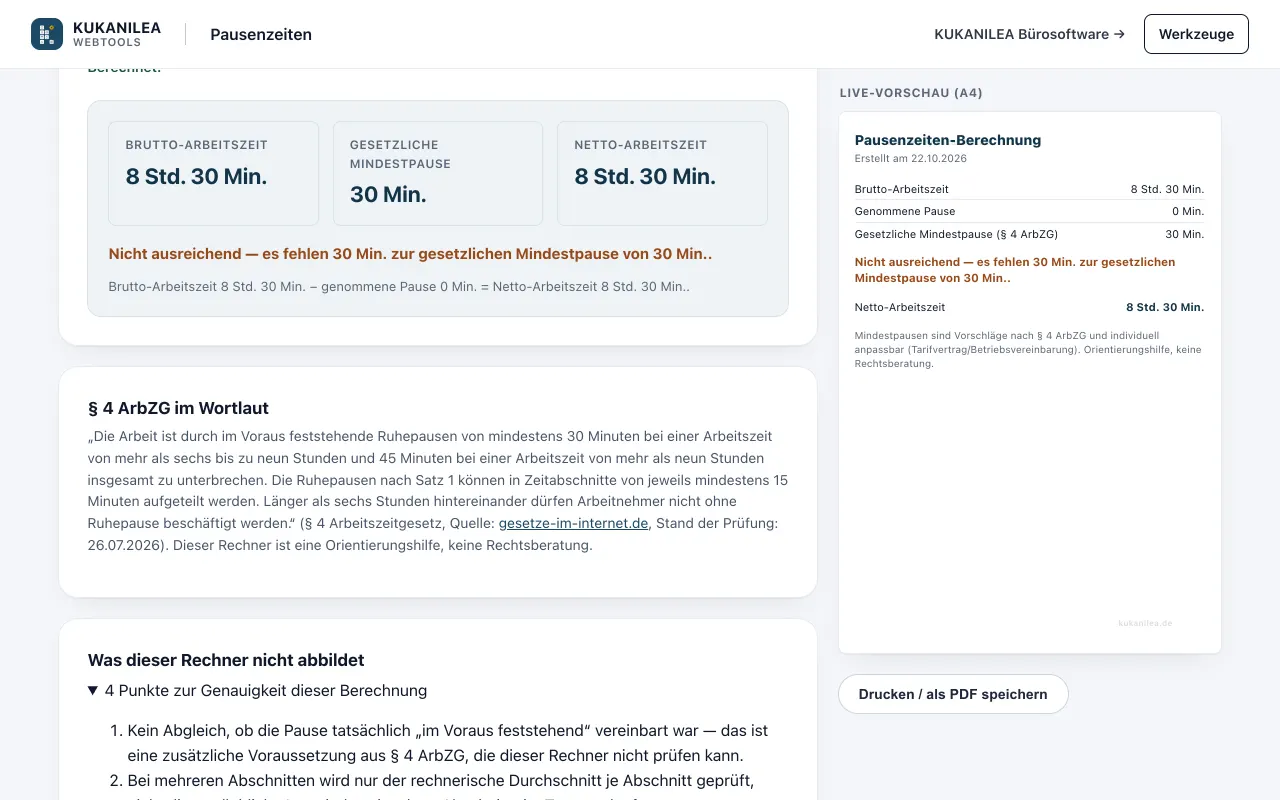 Anwendungsansicht von Pausenzeiten-Rechner