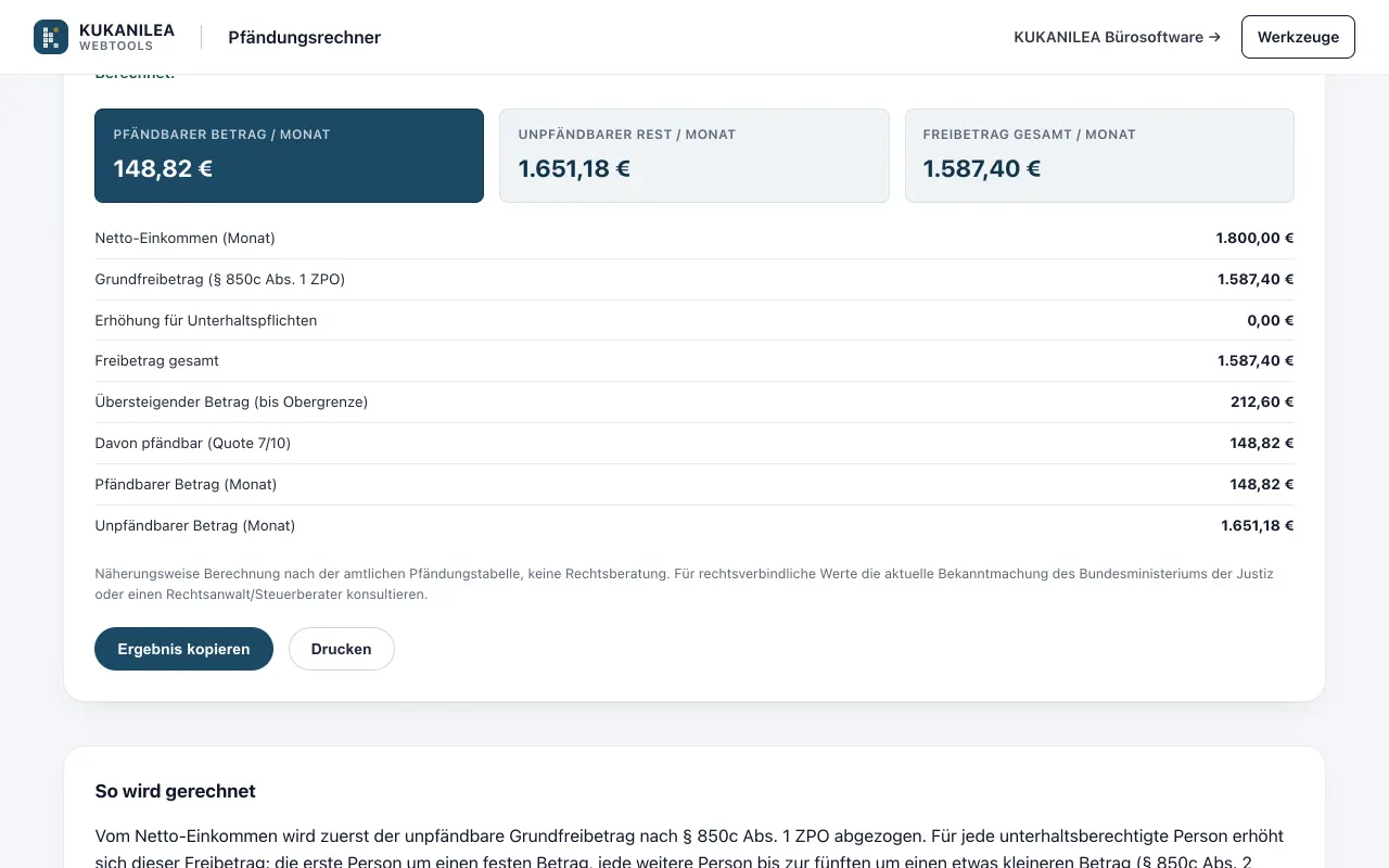 Anwendungsansicht von Pfändungsrechner