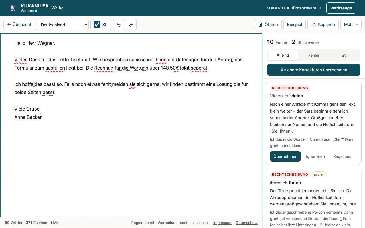 Anwendungsansicht von Rechtschreibung & Grammatik