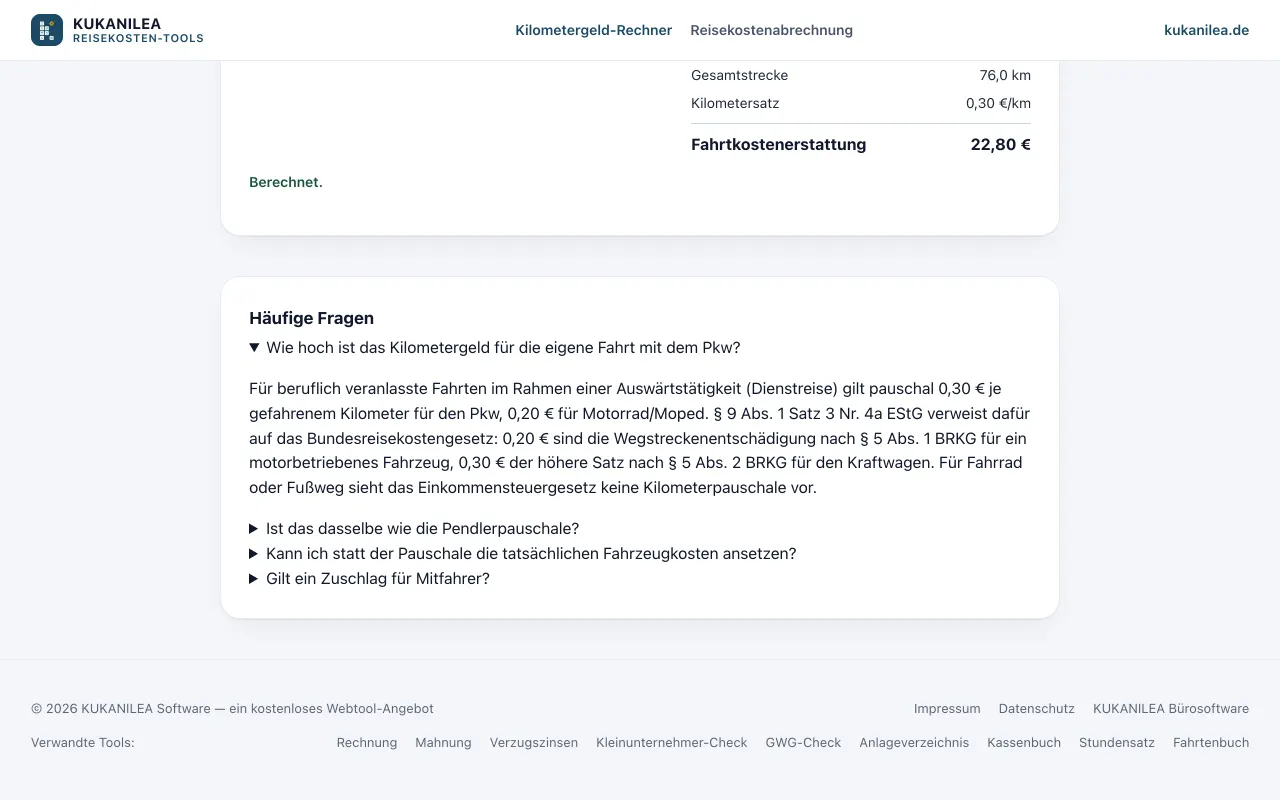 Anwendungsansicht von Reisekosten