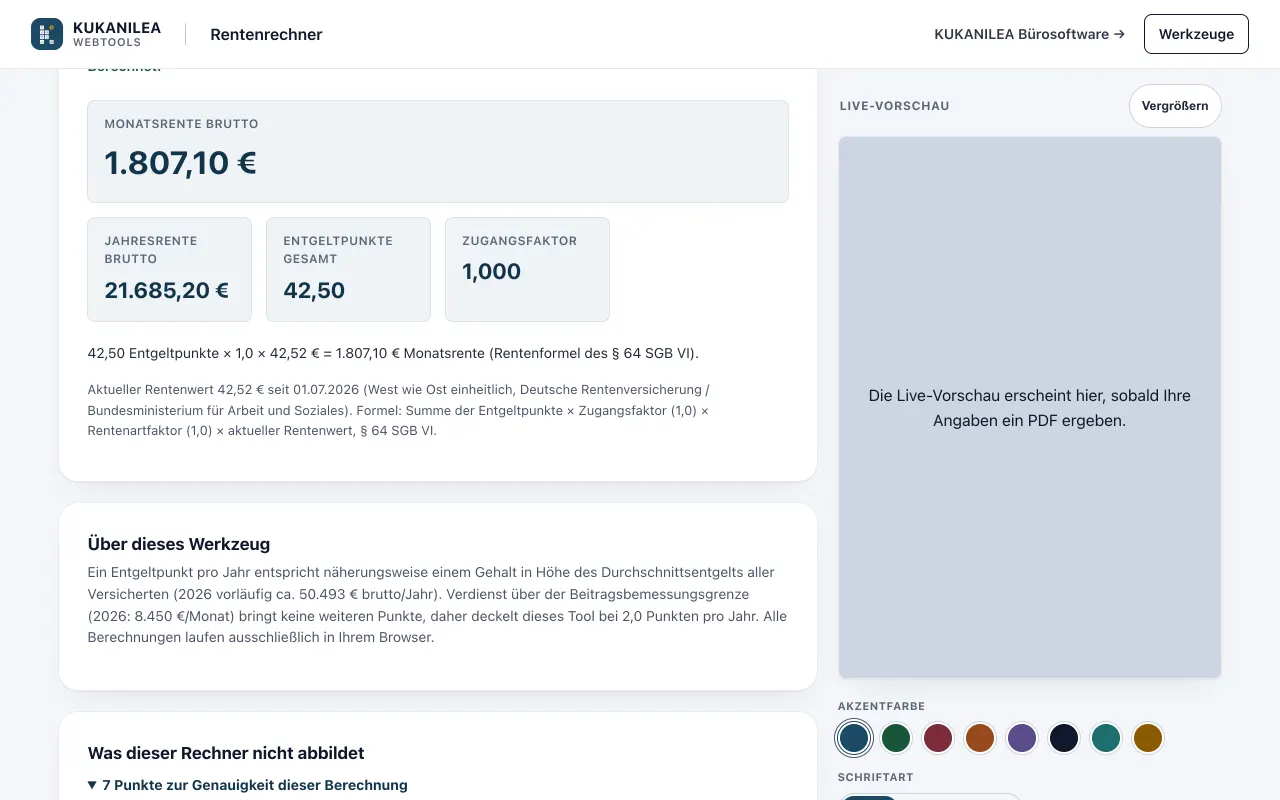 Anwendungsansicht von Rentenrechner