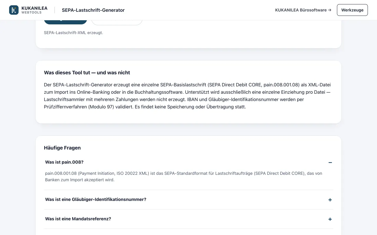 Anwendungsansicht von SEPA-Lastschrift-Generator