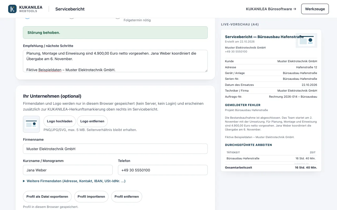 Anwendungsansicht von Servicebericht-Generator