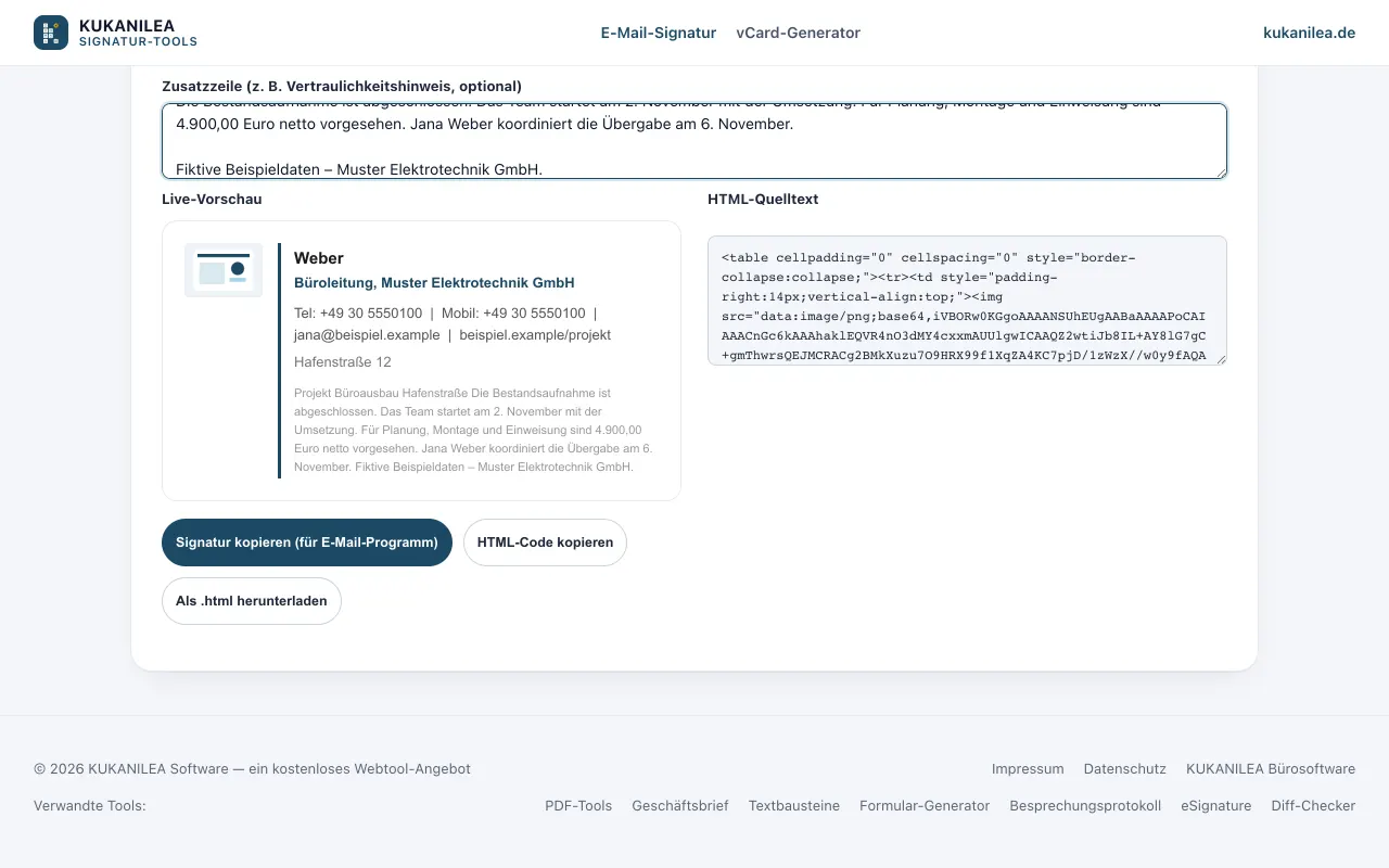 Anwendungsansicht von E-Mail-Signatur & vCard