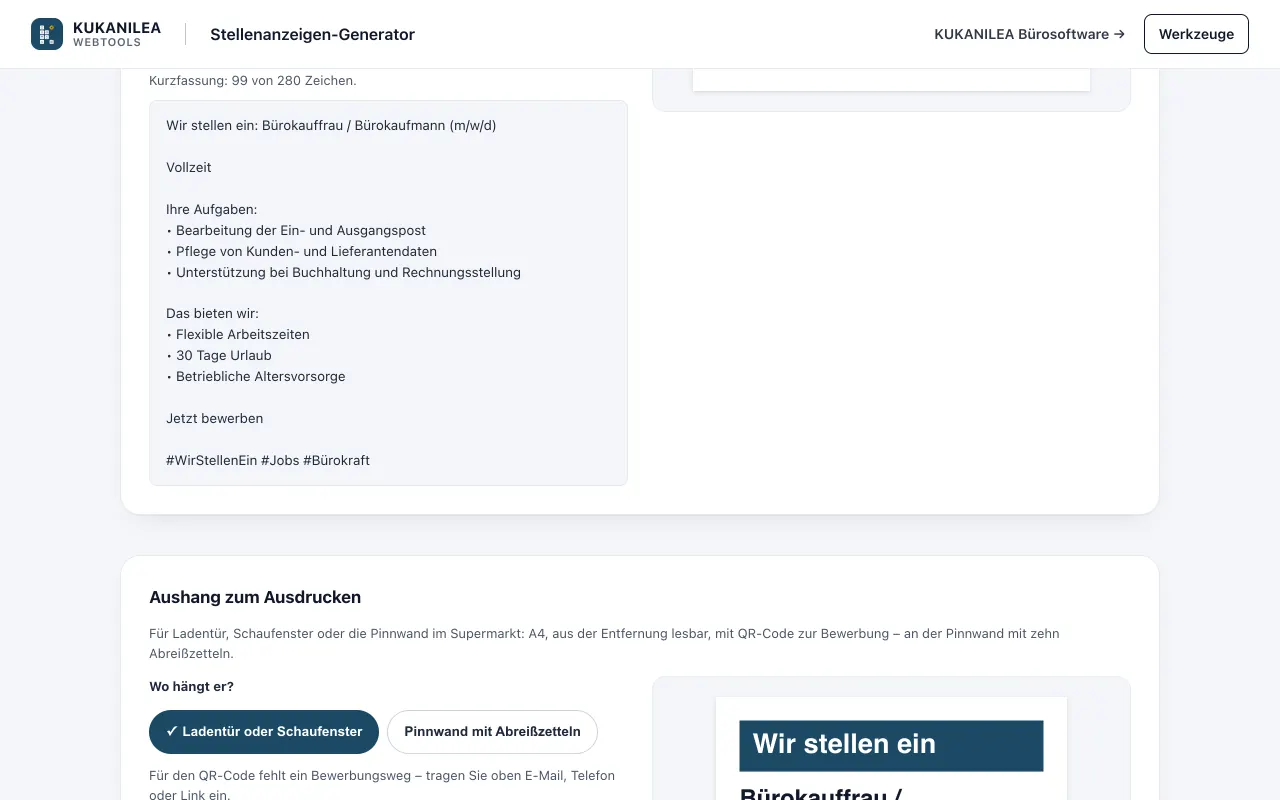 Anwendungsansicht von Stellenanzeigen-Generator