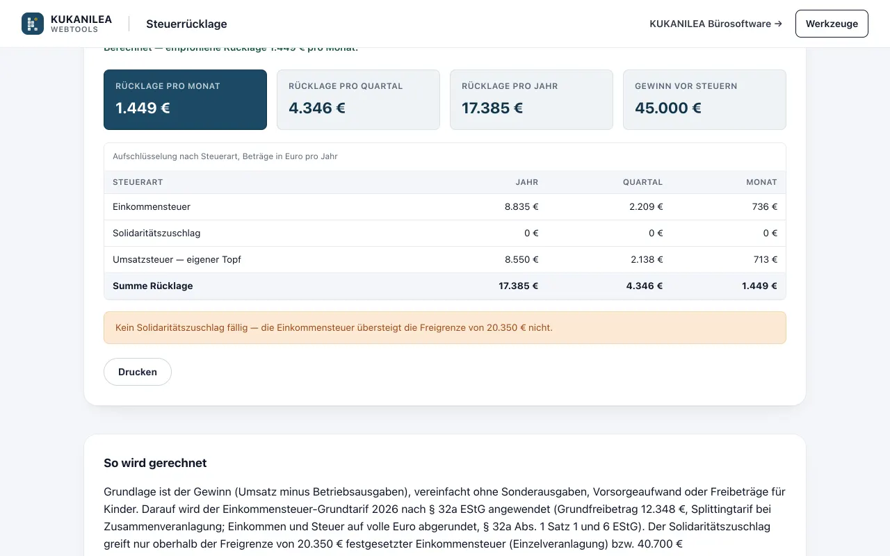 Anwendungsansicht von Steuerrücklage-Rechner
