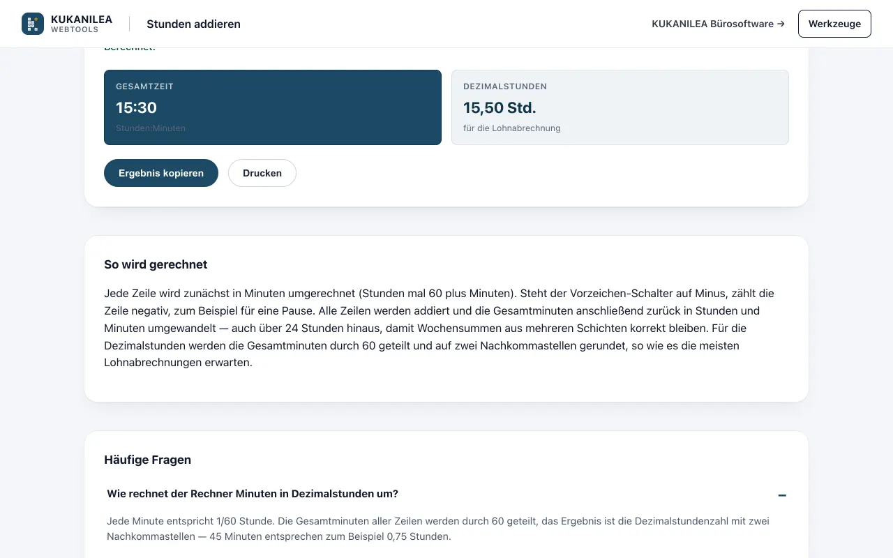 Anwendungsansicht von Stundenrechner