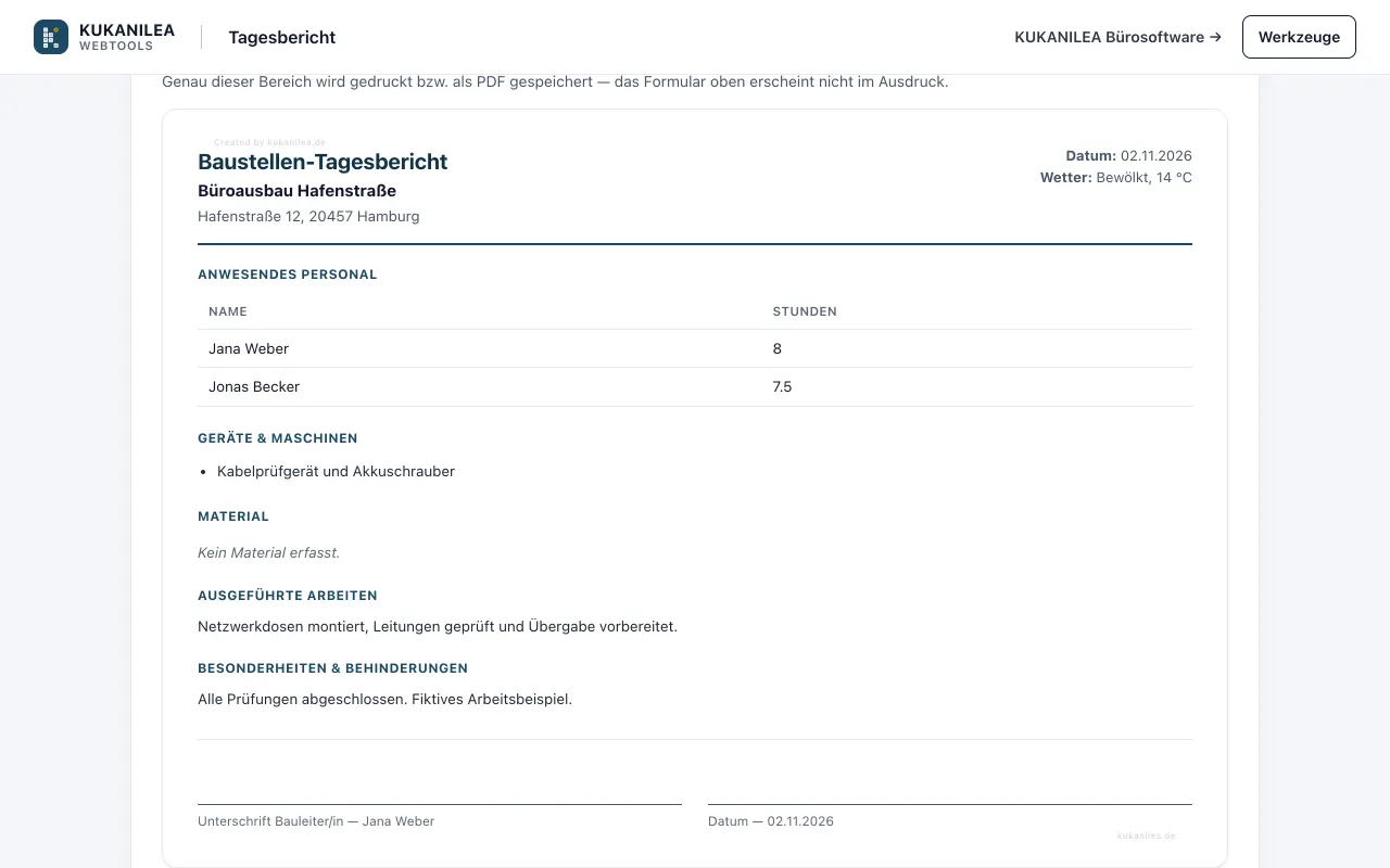 Anwendungsansicht von Baustellen-Tagesbericht