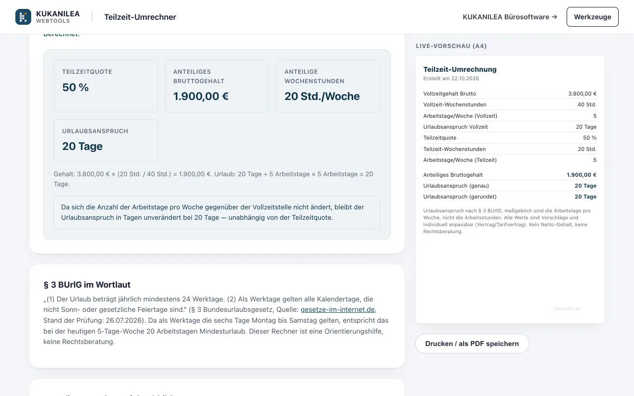 Anwendungsansicht von Teilzeit-Umrechner