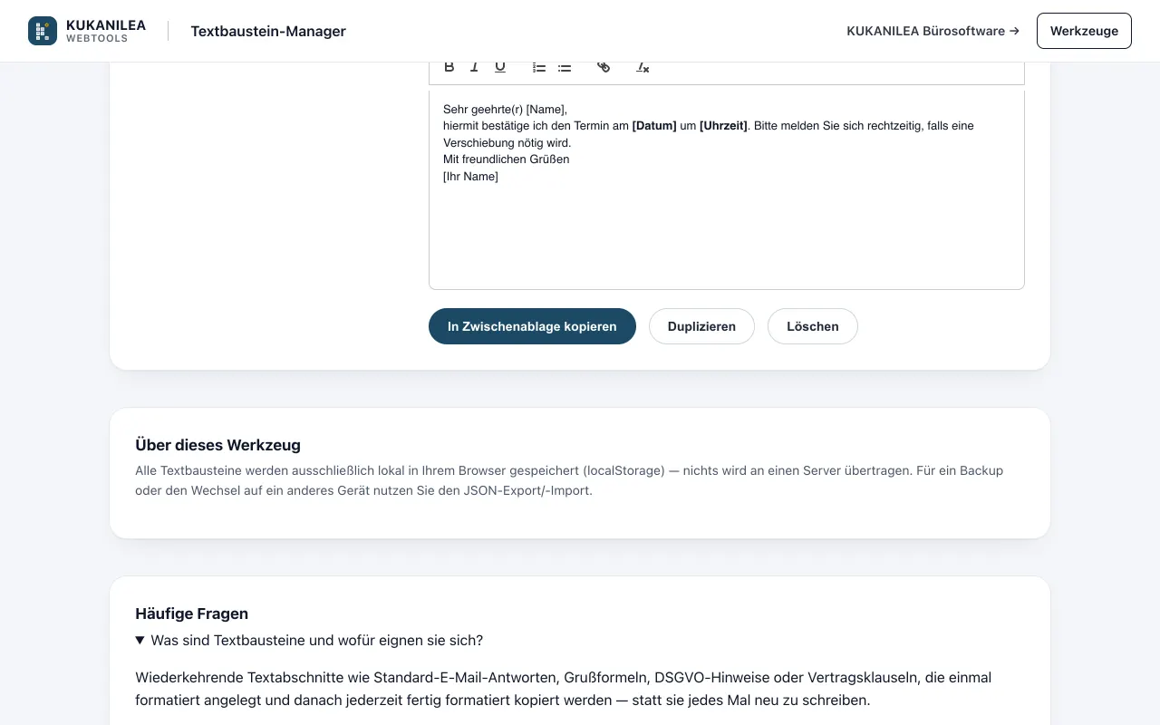 Anwendungsansicht von Textbausteine