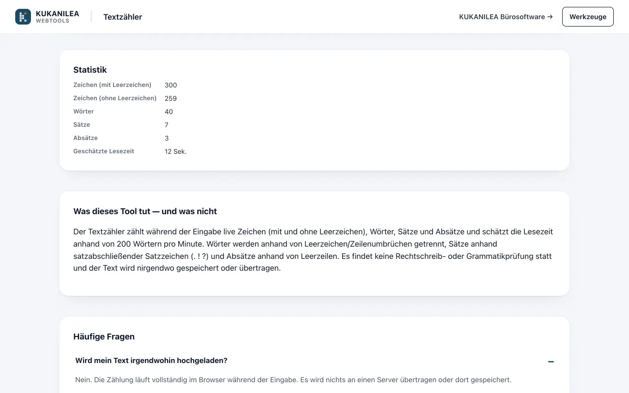 Anwendungsansicht von Textzähler