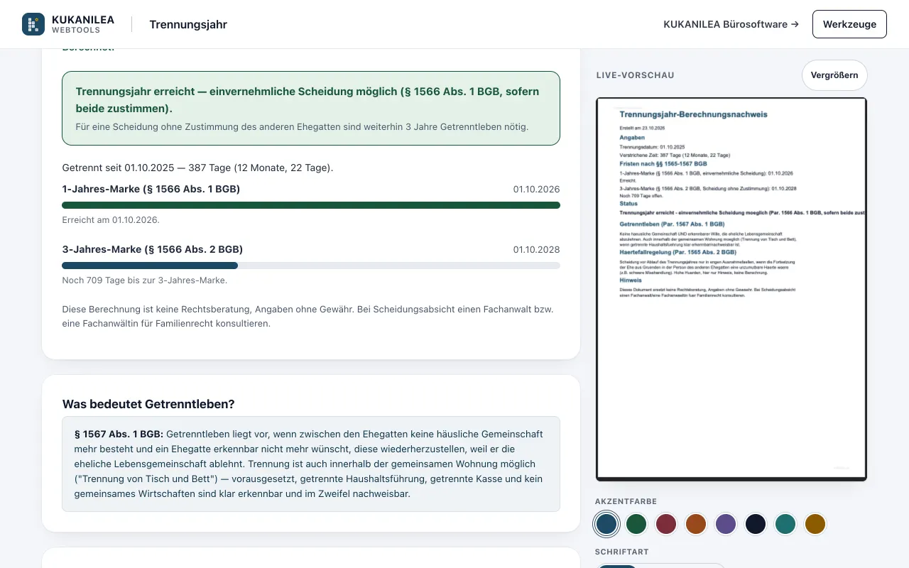 Anwendungsansicht von Trennungsjahr-Rechner