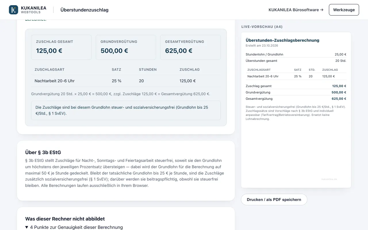 Anwendungsansicht von Überstunden-Zuschlagsrechner