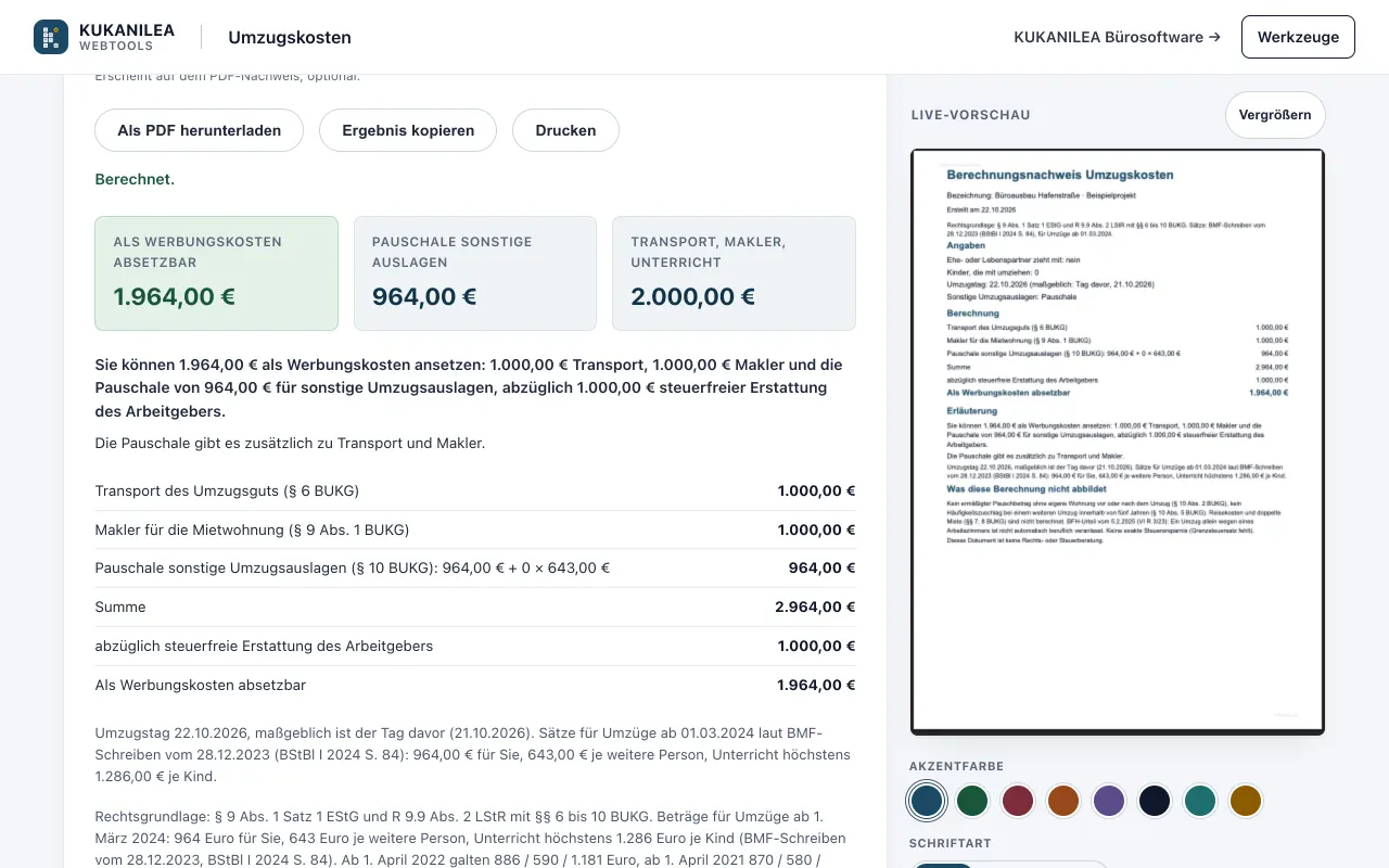 Anwendungsansicht von Umzugskosten-Rechner