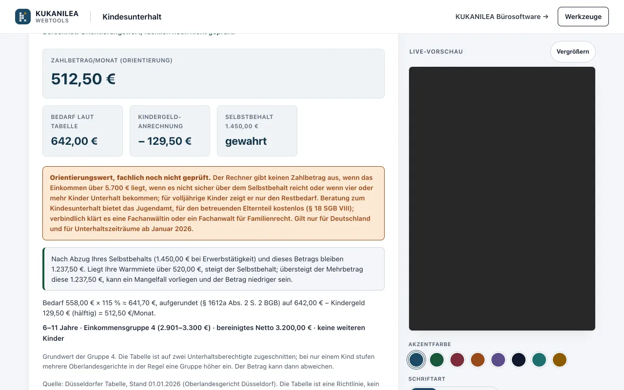 Anwendungsansicht von Unterhaltsrechner