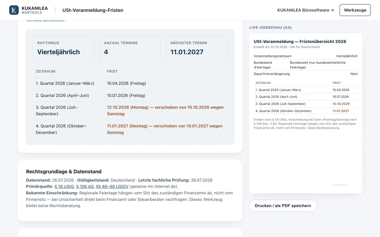 Anwendungsansicht von USt-Voranmeldung-Fristenrechner