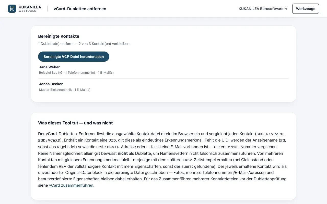 Anwendungsansicht von vCard-Dubletten entfernen
