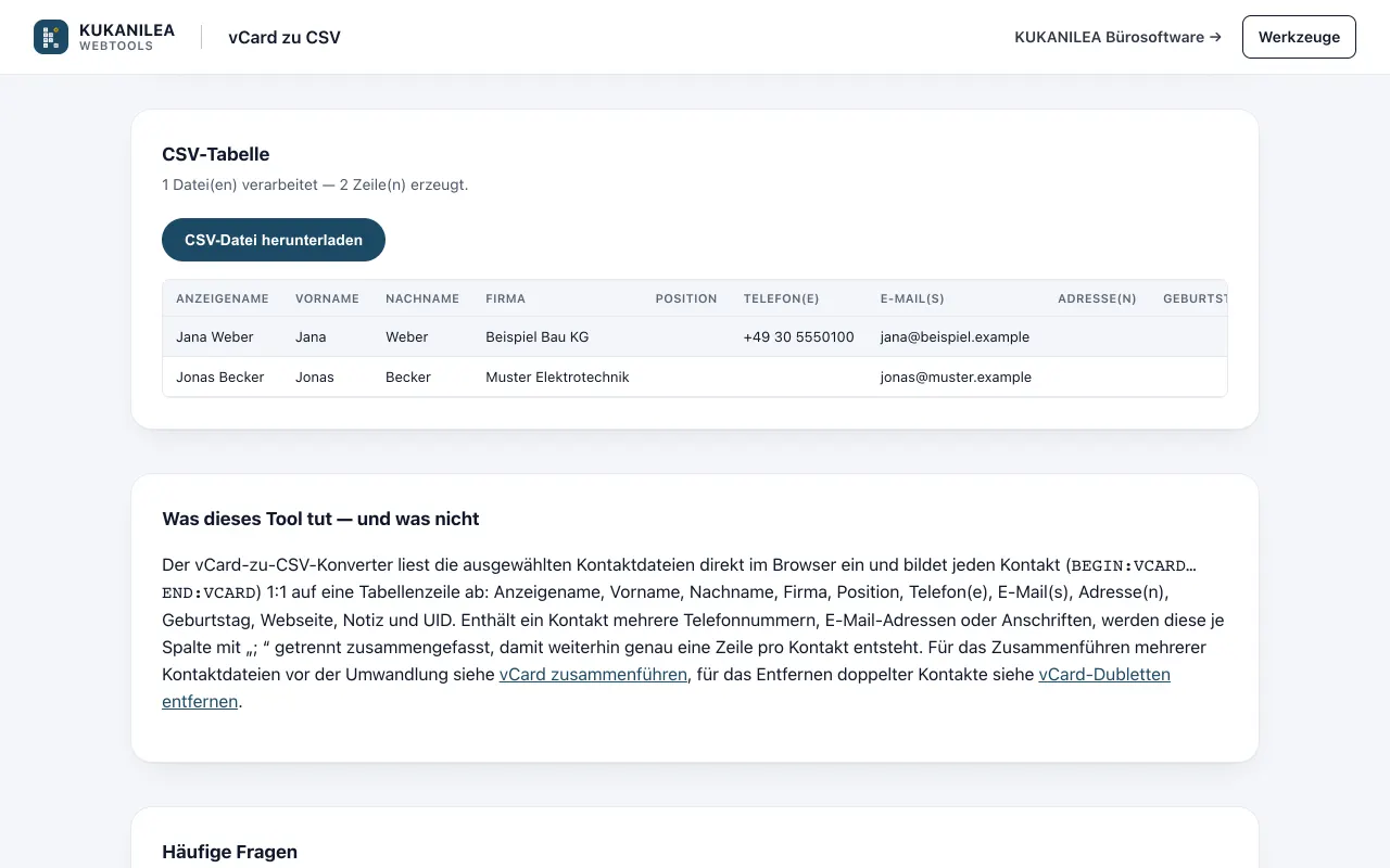 Anwendungsansicht von vCard zu CSV
