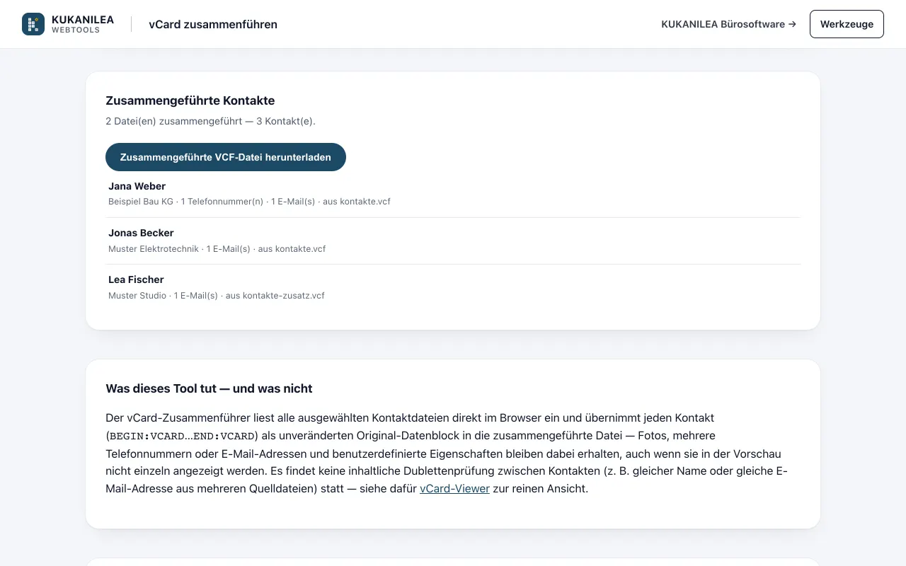 Anwendungsansicht von vCard zusammenführen
