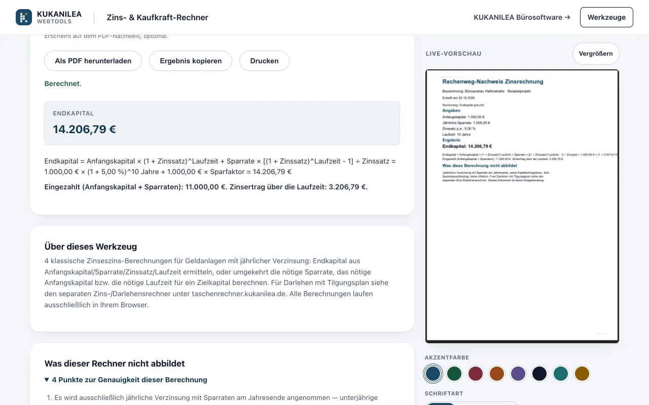 Anwendungsansicht von Zinsrechner