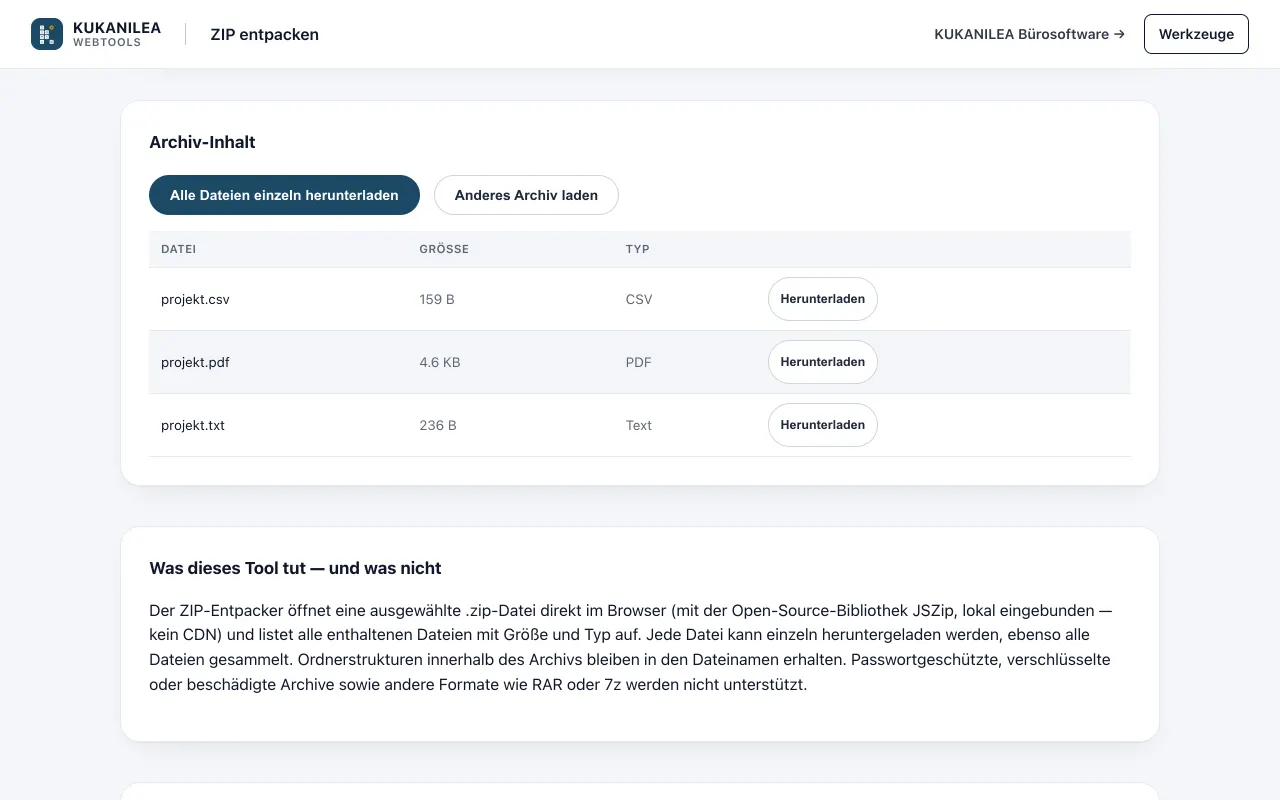 Anwendungsansicht von ZIP entpacken